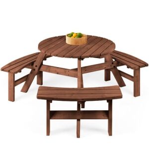 6-Person Circular Wooden Picnic Table w/ Umbrella Hole, 3 Benches - Loose Hardware 