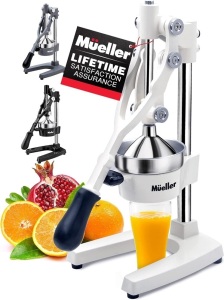 Mueller Professional Citrus Juicer - Manual Citrus Press and Orange Squeezer - Metal Lemon Squeezer - Premium Quality Heavy Duty Manual Orange Juicer and Lime Squeezer Press Stand, White 9"D x 7"W x 17.5"H 