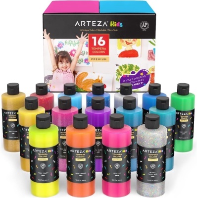 Arteza Kids Tempera Paint, Set of 16 Colors, 13.5 fl oz, Nontoxic Poster Paint, Art Supplies for Finger Painting, School Projects, and Crafting