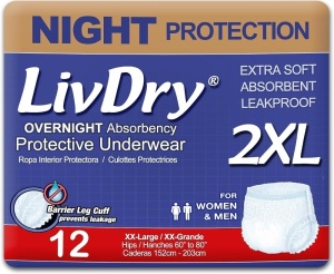 LivDry Adult XXL Incontinence Underwear, Overnight Comfort Absorbency, Leak Protection, XX-Large, 12-Pack 