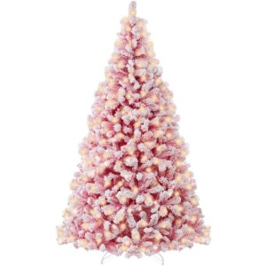 Pre-Lit Pink Christmas Tree Flocked Full Holiday Decor w/ Metal Base 7.5ft