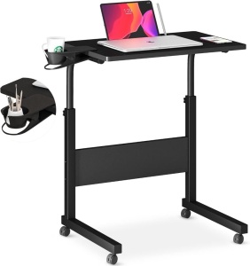 Klvied Standing Desk Adjustable Height, Stand Up Desk with Cup Holder, Portable Laptop Desk, Mobile, Small Computer Desk, Bedside Table, Black Rolling Desk, Work Desk for Home Office 15.9"D x 23.6"W x 37.2"H 