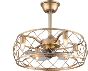 BeiseYu 20" Caged Ceiling Fan with Light, 3 Speeds Adjustable, Ceiling Fan Lights with Remote, Industrial Ceiling Fans for Living Room, Bedroom, Kitchen, 4xE27 Bulb Base, Gold (No Bulb) 