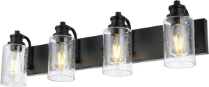 VINLUZ Bathroom Vanity Light Fixture,Industrial Modern 4 Light Wall Lighting with Seedy Glass Shade,Matte Black Wall Lamp for Bath Mirror Kitchen Porch Workshop