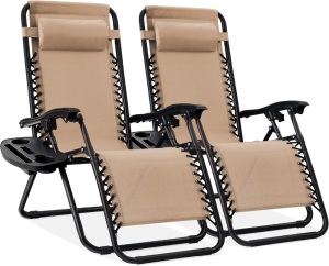 Best Choice Products Set of 2 Adjustable Steel Mesh Zero Gravity Lounge Chair Recliners w/Pillows and Cup Holder Trays - Sand