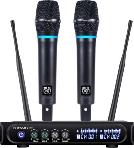 Kithouse S9 UHF Rechargeable Wireless Microphone System Karaoke Microphone Wireless Mic Cordless Dual with Bluetooth Receiver Box + Volume Control ECHO for Karaoke Singing Speech Meeting Church, 200FT 