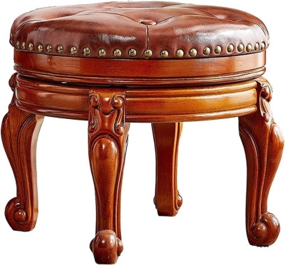 ZIRKOOON Foot Stool Small Round Leather Ottoman Mid Century Foot Rest Cushion for Living Room, Bedroom Solid Oak (Brown) 15"D x 12"W x 12"H
