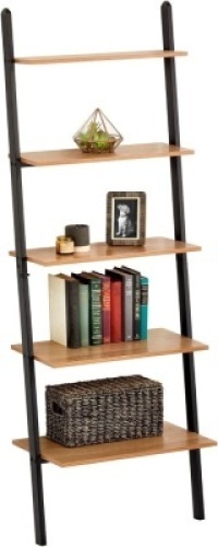 mDesign 5-Tier Leaning Ladder Bookshelf - Rustic Ladder-Style Shelf Bookcase - Decorative Slanted Storage Rack w/Composite Wood Shelves for Bathroom, Living Room - Ladder Shelves, Black/Nordic Walnut&nbsp;