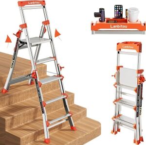 LANBITOU Aluminum 5 Step Ladder with Anti-slip Wide Pedal, Tool Platform, 330lbs Capacity