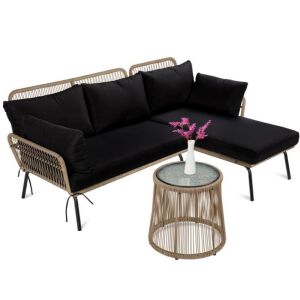 Rope Woven Sectional, L-Shape Sofa Set w/ Detachable Lounger, Table 