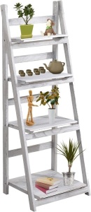 ECOMEX 4-Tier Ladder Shelf Bookcase, White Ladder Wooden Bookshelf, Plant Flower Stand, Leaning Bookshelf Bathroom Shelves Book Storage Shelf, for Living Room, Kitchen(White)13.8"D x 15.75"W x 45.7"H