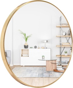  Amgngala Gold Round Mirror 24 Inch, Wall Mirrors with Hooks and Metal Framed, Round Wall Mirror for Bathroom, Bedroom, Entryway, Living Room, Vanity Room...