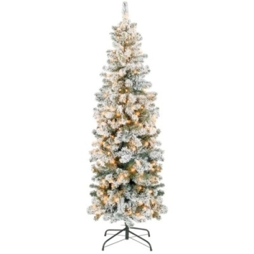Pre-Lit Snow Flocked Artificial Pencil Christmas Tree 9ft