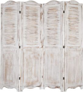 4-Panel Antique Whitewashed Wood Louvered Shabby Chic Home Decor Dressing Screen with Dual-Action Hinge 