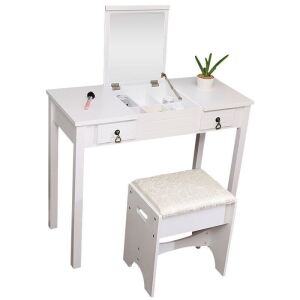 Flip-top Mirror Vanity Table with 2 Drawers and Stool, White 