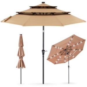 3-Tier Solar Patio Umbrella w/ LED Lights, Tilt Adjustment, Crank - 10ft 