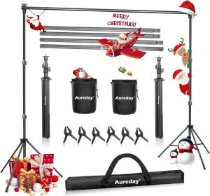 Aureday 10x7Ft Adjustable Photo Backdrop Stand Kit with 4 Crossbars, 6 Background Clamps, 2 Sandbags, and Carrying Bag