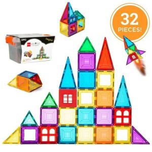 32-Piece Kids Mini Magnetic Tiles Educational STEM Toy Set w/ Carrying Case 