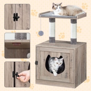 Litter Box Enclosure With Cat Tree Tower, Litter Box Furniture Hidden With Cute Entrance, Private Washroom With Sisal Scratching Posts, Cat Head Door And Large Platform, Greige BG11MW03