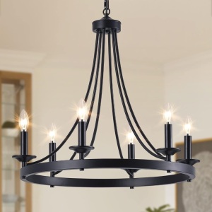 Corlaceling Black Farmhouse Chandelier, 24 inch 6-Light Wagon Wheel Chandelier Farmhouse Round Hanging Ceiling Light Pendant Lighting for Dining Room Kitchen Island Living Room 