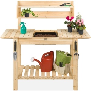 Wood Garden Potting Bench w/ Sliding Tabletop, Food Grade Dry Sink 