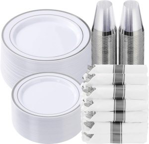 350 Piece Silver Plastic Dinnerware Set for 50 Guests, Fancy Disposable Plates for Party, Include: 50 Dinner Plates, 50 Dessert Plates, 50 Pre Rolled Napkins with Silver Silverware, 50 Cups 