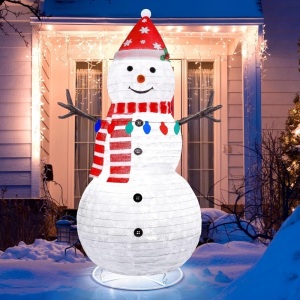 Outdoor Christmas Decorations, 4FT Collapsible Lighted Christmas Snowman with Necklace Banner, Outdoor Lighted Snowman with Pre-lit Led, Snowman Christmas Decoration for Porch Yard Lawn Garden Home 