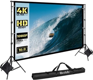 BEELIFY Projector Screen with Stand, 120 Inch Indoor Outdoor Portable Projection Screen, 16:9 HD 4K Outdoor Movie Screens for Party Cinema and Camping