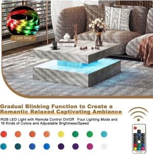 LED Coffee Table for Living Room, Square Cocktail Table ,2 Tier Modern Sofa Center Table with 16 RGB Lights, Stone Gray