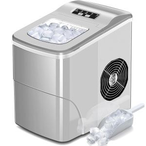 AGLUCKY Ice Makers Countertop with Self-Cleaning, 26.5lbs/24hrs, 9 Cubes Ready in 6~8Mins, Portable Ice Machine with 2 Sizes Bullet Ice/Ice Scoop/Basket for Home/Kitchen/Office/Bar/Party, Grey 