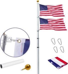 WeValor 20FT Telescoping Flag Pole Kit, Heavy Duty 16 Gauge Aluminum Outdoor In Ground Flag Poles with 3x5 USA Flag, for Residential or Commercial, Silver (Silver, 30 FT)