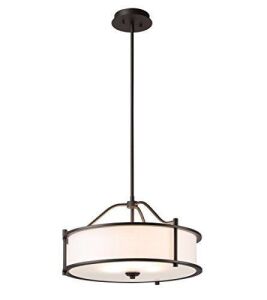 18 inch 3 Light Drum Pendant Light with Fabric Shade and Glass Diffuser in Dark Bronze