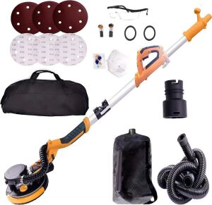 Drywall Sander with Dust Self Suction System, 750W Power, 800-1750RPM, 7 Speed Adustment Dustless Ceiling Sander, Foldable Handle, LED Light, Storage Bag and Labour Protection Appliance, Orange