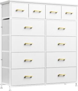 Large Tall Dresser with 12 Fabric Bins, Leather Front, Wooden Top, Metal Handle, Glacier White