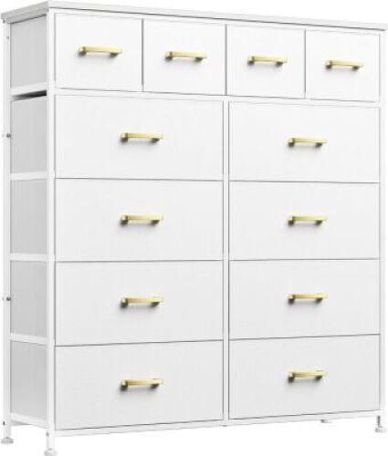 Large Tall Dresser with 12 Fabric Bins, Leather Front, Wooden Top, Metal Handle, Glacier White