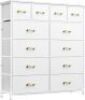 Large Tall Dresser with 12 Fabric Bins, Leather Front, Wooden Top, Metal Handle, Glacier White