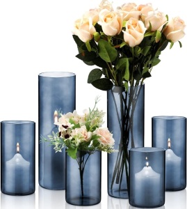 6 Pcs Blue Glass Cylinder Vases Hurricane Candle Holders Pillar Candle Holders Vases Blue Vase Candle Holder Clear Glass Flowers Vases for Valentine Wedding Kitchen Table Centerpiece Decoration 