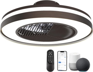 JHHF Ceiling Fan with Lights Remote Control,Dimmable Fan Lighting, 20'' Enclosed Bladeless Fan, Semi Flush Mount,2.4GHz Wi-Fi Bluetooth & App Controlled Works with Alexa and Google Assistant (Brown) 