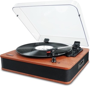 Vosterio Record Player Turntable with Speakers for Vinyl Records, Vintage Bluetooth Belt Drive LP Player with FM Radio, USB, TF Recording, Aux in & LED Display 