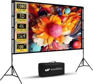 100 inch Projector Screen with Stand, Wootfairy Foldable and Portable Projection Screen 16:9 4K HD Rear Front Wrinkle-Free Movie Screen with Carry Bag for Indoor Outdoor Home Theater Backyard Cinema