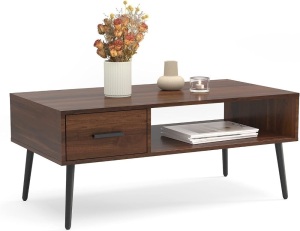 HAIOOU Coffee Table, Mid Century Modern Coffee Tables with Drawer for Living Room, Open Storage Shelf, Walnut Cocktail Table TV Stand with Stable Pine Leg Anti-Scratching, Home, Office