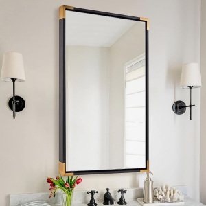 ANDY STAR Black Mirror, New Zealand Pine Wood Framed Rectangle Mirror with Gold Metal Corner, 24x36” Modern Wall Mirror for Bathroom Vanity Living Room Entryway Hangs Vertical or Horizontal 