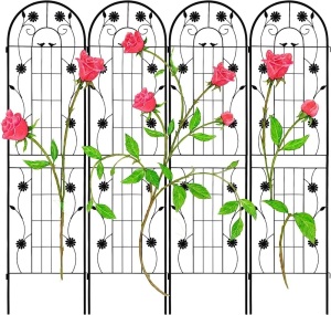 LZRS 4 Pack 79x20in Rustic Arch Garden Trellis with Black Metal Coating – Perfect for Supporting Climbing Plants Outdoor, Roses, Vines, Flowers, and Vegetables.