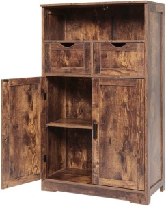 Iwell Storage Cabinet with 2 Drawers & 2 Shelves, Freestanding Storage Cabinet with Door, Cupboard, Floor Cabinet for Living Room, Bathroom, Rustic Brown