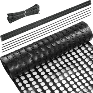 Plastic Garden Fencing Roll Safety Construction Barrier Outdoor Snow Mesh Fence Garden Netting, 1.2 Inch Mesh, Coated Iron Wire Support Stakes, Cable Ties for Garden (Black, 2 x 100 Feet) 