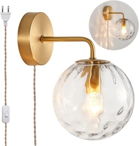 Modern Dimmable Globe Glass Wall Sconce with Plug-in On/Off Switch, E26 Gold Bedroom Wall Light Fixtures, 6W Indoor Wall Lighting with Clear Glass Shade, for Living Room Bathroom Bedside 