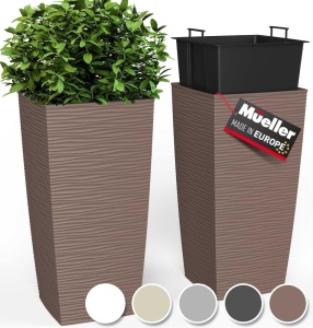 Janska by Mueller M-Resin Heavy Duty Tall Planter, Indoor/Outdoor Grande Plant, Tree, Flower Pot, 2-Piece Set, 27.5”, Modern Design, Built-in Drainage, Mocha