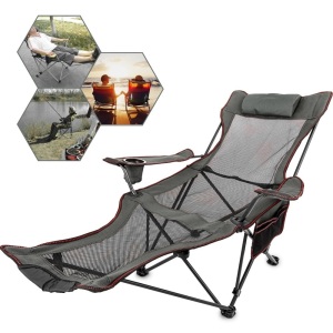 VEVOR Gray Mesh Folding Reclining Camp Chair with Footrest, Cup Holder and Storage Bag - Appears New 