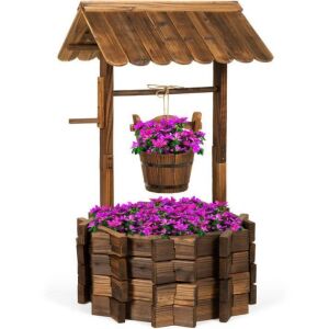 Rustic Wooden Wishing Well Planter Yard Decoration w/ Hanging Bucket 