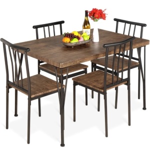 5-Piece Modern Metal and Wood Dining Table Furniture Set w/ 4 Chairs